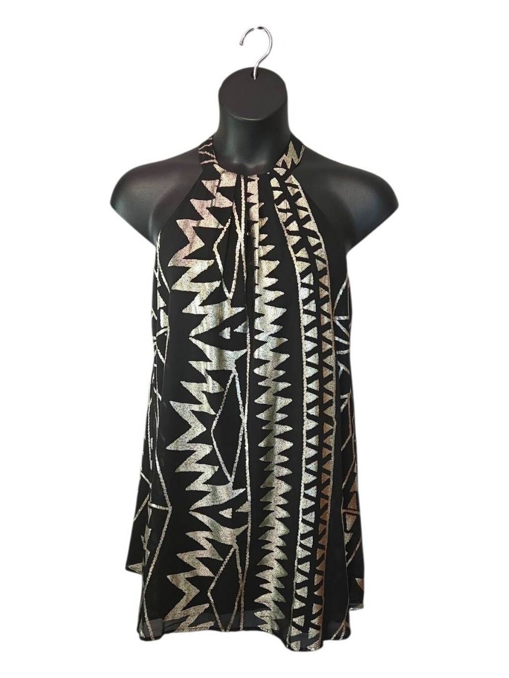 One Clothing Metallic Gold & Black Geometric Halter Mini Dress Medium